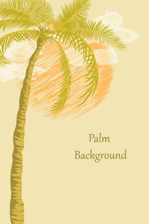 Vintage poster with palm tree, sun and clouds. Yellow tropical summer background with place for text. Invitation flyer, postcard, travel advertisement. Vector illustration with palm tree, sunsetのイラスト素材