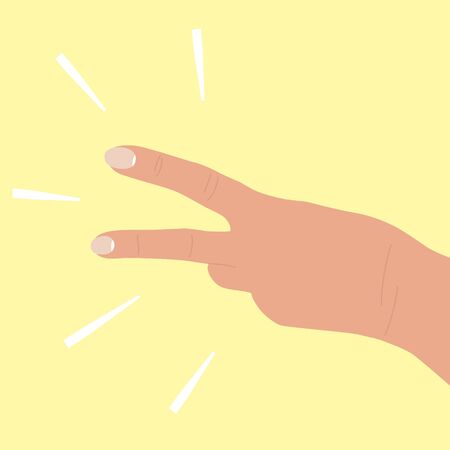Hand shows two fingers. The back of the hand, white skin color, horizontal location. 2 points, counting mark, number two. Symbol, gesture. Cartoon flat illustration. Isolated on yellow background.のイラスト素材
