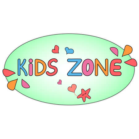 Kids zone logo, emblem, childrens playroom, playground. Kids Zone banner for the game room, design of the children's site. Colorful lettering, cute doodle. Vector illustration. Sticker - kids rest areaのイラスト素材