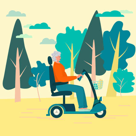 An independent elderly woman, aged 50 , travels on an electric scooter. Strong female figure, gray curly hair, smiling. Rest in the forest, park. Scooter with seat. Sports lifestyle of old peopleのイラスト素材