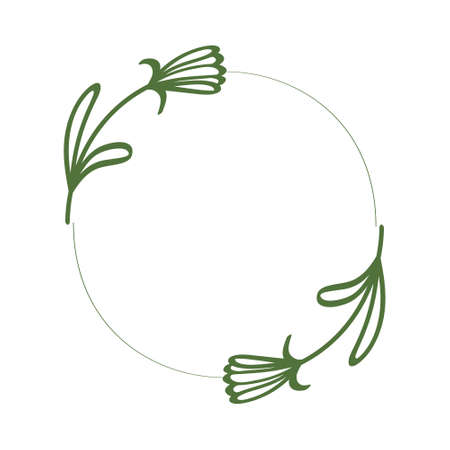 Decorative frame of two flowers in a circle. Cute simple border in a minimalist style. Vector element. Wreath with contour flowers. Laconic stylish emblem, tag, wedding clipart, greetingsのイラスト素材