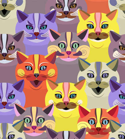 Seamless background with bright cute cats. Endless texture with cartoon animal faces. Childrens print with silhouettes of fabulous cats. Vector illustrationのイラスト素材