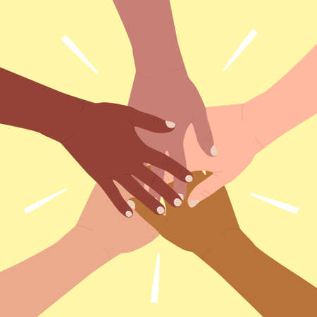 Diverse of hands are stacked on top of each other. Friendship and partnership concept, multiethnic union of people. Hands of different skin color together. Symbol of empowerment, integration, teamworkのイラスト素材