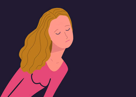Depressed young woman. Nice girl with a sad face. Female character in depression, mental disorder, problems. Unhappy teenager needs help. Vector flat cartoon illustration.のイラスト素材