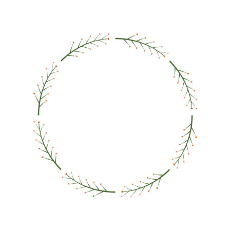 Round frame with green branches and orange berries. Simple decorative wreath, design element. Design template for logo, invitation, greetings. Laconic stylish wreath. Border in a minimalist style.のイラスト素材