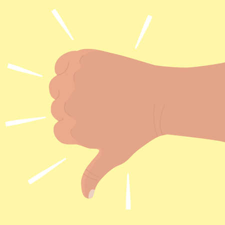 Dislike. Hand shows thumb down. A symbol of poor performance, disagreement, discontent. Bad job icon. Flat cartoon vector illustration on yellow background. Finger down. Dislike gesture. Negativeのイラスト素材