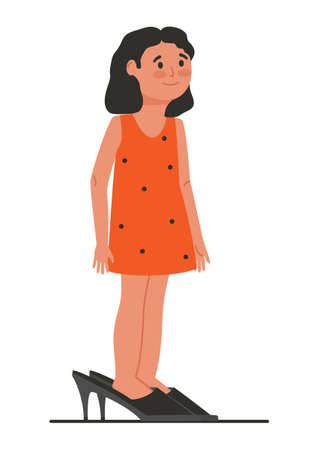 Little girl is wearing big shoes. Cute cartoon character of a brunette girl in red dress and black high-heeled shoes. Daughter in mom's big shoes. Flat vector illustration isolated on white backgroundのイラスト素材