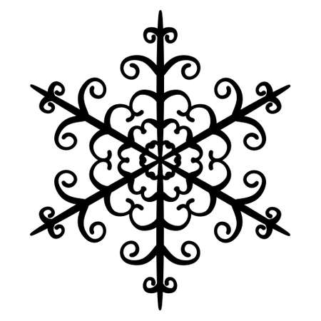Beautiful snowflake with curls. Black silhouette of Christmas snowflake. Winter icon, element for illustration creation. Vector flat symbol. Linear style, cutout template. Snow flake designのイラスト素材