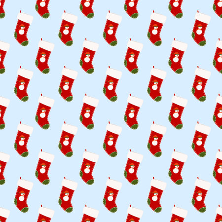Christmas seamless pattern with red stockings. Geometric digital paper from xmas gift socks. On the felt boot there is a drawing of a cute snowman with a carrot nose.のイラスト素材