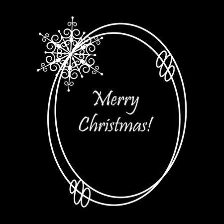 Christmas frame with snowflakes. Oval festive border with text Merry Christmas White contour drawing on a black background. Merry Christmas greeting card. Winter wreath vector illustrationのイラスト素材