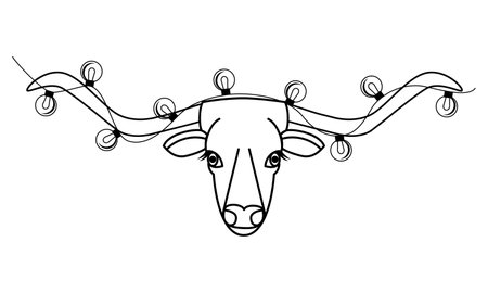 The head of a cow with long horns. Christmas lights on the horns of a bull. Chinese 2021 new year. Black outline drawing. Cow face with garland. Ox animal isolated on white background. Vectorのイラスト素材