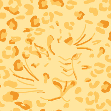 Seamless pattern with leopard face. Yellow orange leopard print. Vector illustration of a wild animal. Background with spots, imitation of animal skin. Textile design, digital paper, safari textureのイラスト素材