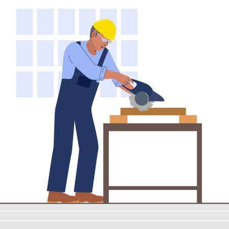 A worker cuts wood with a hand-held circular saw. A man in blue overalls and a yellow hard hat in a carpentry workshop. Carpenter sawing a wooden board on a table. Construction, contract work. Vectorのイラスト素材