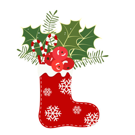 Christmas stocking, boot, sock with gifts. Candy cane, holly twig. Xmas design for cards, congratulations. Red sock, striped lollipop stick, ilex leaves and berries. Festive vector illustrationのイラスト素材