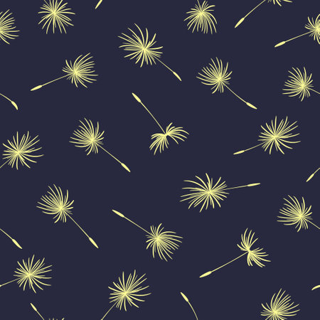 Small dandelion seeds flying on a blue background. The texture looks like a dark sky with stars. Seamless floral pattern. Vector illustration with dandelions. Fashion print, digital paperのイラスト素材