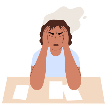 Tired sad woman with headache. She hugged her head. In front of her is a table with papers. Problems at work, burnout, stress, psychological trauma, crisis. Cartoon female character isolated on whiteのイラスト素材
