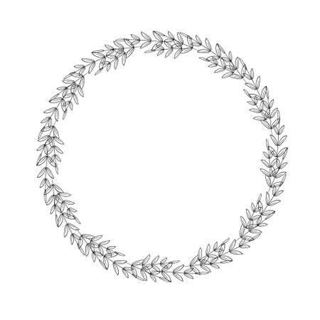 Simple round wreath of leaves and branches. Circle, outline drawing, foliage decoration. Decorative frame, flower border. Vector illustration. Template for scrapbooking, tag, logo, invitation, houseのイラスト素材