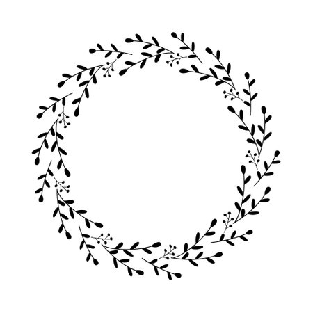 Abstract wreath of twigs, leaves, berries. Floral round frame, drawing in black color doodle style. Decorative border, graphic element for postcard, home decoration, scrapbooking. Vector illustrationのイラスト素材