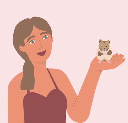 A hamster on the girl's hand. A beautiful young girl holds a cute rodent on her hand. The guinea pig. Animal care, love, protection. Vector cartoon illustration. A child plays with a hamster.のイラスト素材