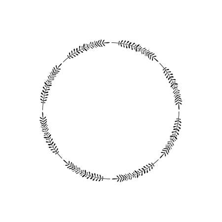 Round simple wreath in black on white background. Vector illustration. Hand drawn border. Twig shape with small leaves, grass, coniferous stem. Cute frame for tag, logo, home decoration, cards, decorのイラスト素材