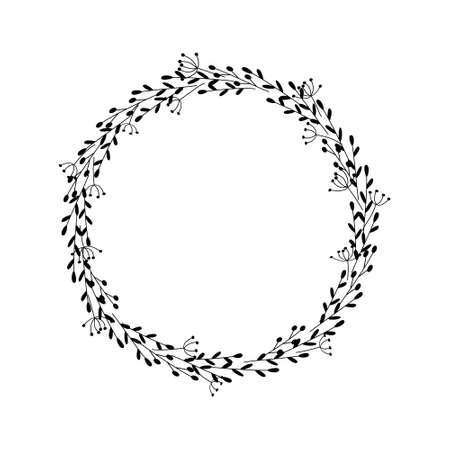 Wreath. Hand drawn vector illustration. Floral clipart. Frame of twigs, leaves, berries. Decorative border. Graphic design element. Greeting card, scrapbooking, print Black sketch on white backgroundのイラスト素材