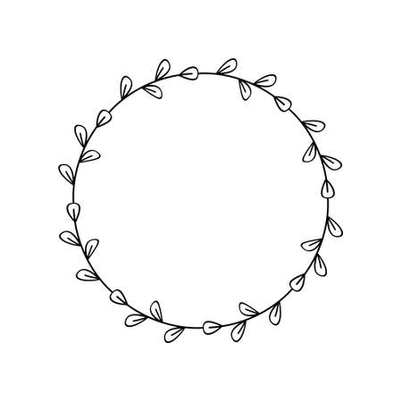 Simple elegant wreath of twigs with leaves. Minimalism. Circle with linear leaves. Nice frame. Design template for   tags, farmhouse decoration. Vector plant border. Black outline drawing on whiteのイラスト素材