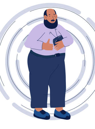 A plump bearded man is holding a radio. Listens to music, dances, shows thumbs up. Cartoon vector character of cute fat elderly seniors. Positive lifestyle, listening to music, podcast.のイラスト素材