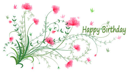 Birthday card. Greeting card in vintage style on a white background. Happy Birthday. Delicate green bush with pink abstract flowers. Vector.のイラスト素材