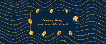 Frame with different beads on a chain background. For your inscription. Vector. Jewelry background with chainsのイラスト素材