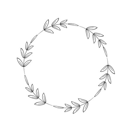 Frame of twigs with leaves. Simple round wreath, linear style. Floral border, decorative design element for holiday decoration, invitation, wedding. Vector illustration of black color on whiteのイラスト素材
