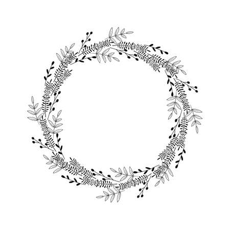 Round wreath with various foliage, branches, leaves, berries. Deciduous frame, decorative element for wedding, invitation, greeting card. Beautiful floral border.のイラスト素材