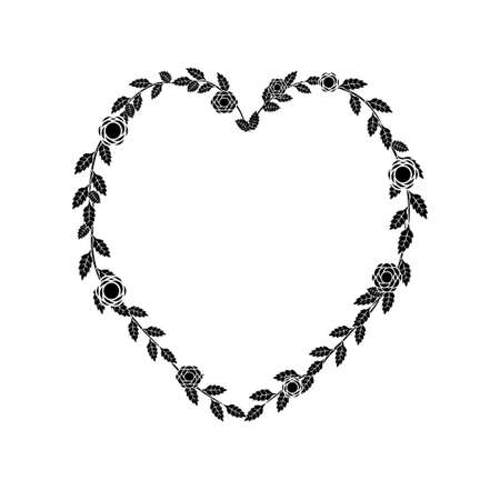 The black heart from a flower ornament on a white background. Ornament of hearts from roses and leaves. Heart symbol. Vector. Valentines Day. Congratulation. Love iconのイラスト素材