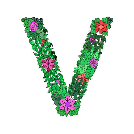 Letter V made from floral elements. T-shirt print, pattern on a white background. Design from flowers. Vector illustrationのイラスト素材