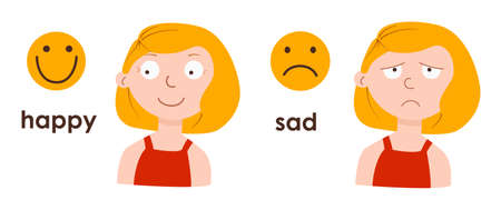 Happy and sad face of a little girl. Changing emotions, teaching material. Antonyms are good and bad. Feelings of joy and grief. Cartoon female character. Vector clipart isolated on white backgroundのイラスト素材