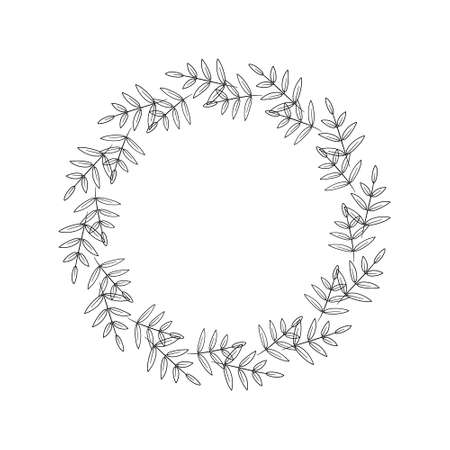 Round spring wreath of branches and leaves. Simple leafy frame outline black drawing. Elegant border for invitation design, greeting cards, label, tag. Vector illustration isolated on whiteのイラスト素材