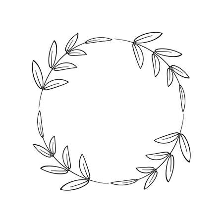Laurel wreath of four branches with leaves. Simple frame for  tags, farmhouse decorations. Floral border in doodle style. Contour drawing in black. Vector illustration isolated on whiteのイラスト素材