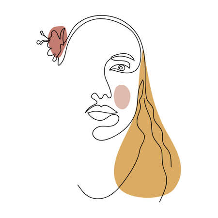 Abstract portrait of a woman with one eye, long red hair and a flower. One line drawing. Modern art, minimalism. Female portrait. Linear style, beauty, fashion concept, print, poster designのイラスト素材