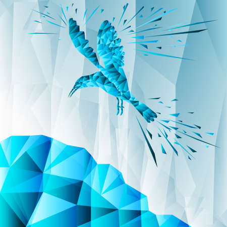 Blue abstract bird from geometric elements. Geometric linear abstract style. The bird is hovering over the mountain. Bird symbol. Vector illustration. Low poly techniqueのイラスト素材
