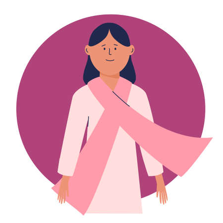 Young woman with a pink scarf on her chest. Pink ribbon - the symbol of fight against breast cancer. Breast cancer awareness month. Vector illustration. Cancer prevention concept. Cartoon characterのイラスト素材