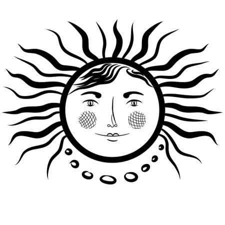 The heavenly symbol is the sun with a woman's face. Celestial body icon. Vintage medieval style. Female sunny image with long hair. Vector illustration. Black linear drawing. Print, postcard, clipartのイラスト素材