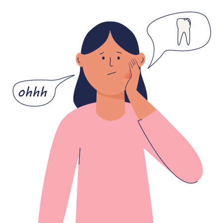 Toothache. The girl holds her cheek with her hand. She has a toothache. Acute toothache. Dental problems. Teeth hurt. Oral cavity treatment. Vector illustration.のイラスト素材