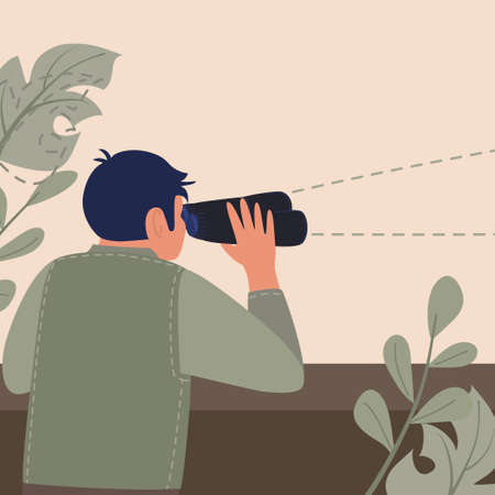 A man in a khaki military uniform looks through binoculars. Waiting, tracking, military outpost. Soldier at the post, security, hunting. Vector illustration, male character. Follow someone, watchのイラスト素材