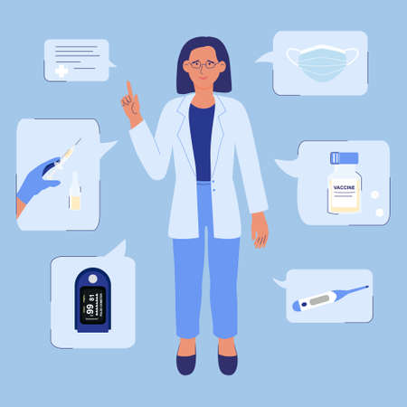 Vaccination medical concept. Woman doctor, flat cartoon character. Medicine and health icons for hospital. Ampoule and syringe, vaccine, thermometer, pulse oxometer, medical maskのイラスト素材