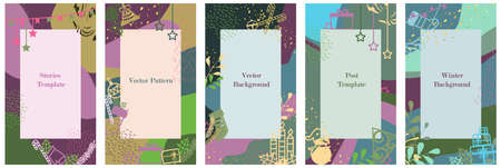 Set of templates for social network stories. Vertical background, space for text. Theme of winter, christmas, new year. Abstract ornament, texture, with festive symbols. Gifts, candy cane, glitterのイラスト素材