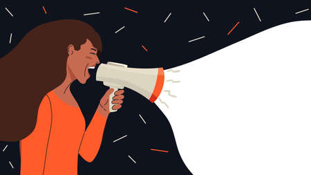 Woman shouts into a megaphone. Business advertisement, information banner, advertising concept for target audience, web page. The girl protests, raises her voice, attracts attention. Place for text.のイラスト素材