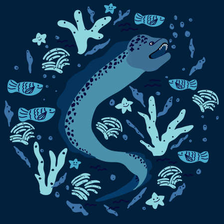 Moray eel cartoon character. Marine underwater scene with fish, moray eels, corals, algae, starfish. Underwater monster isolated on blue background. Children's print on T-shirt. Hand drawn flat vectorのイラスト素材