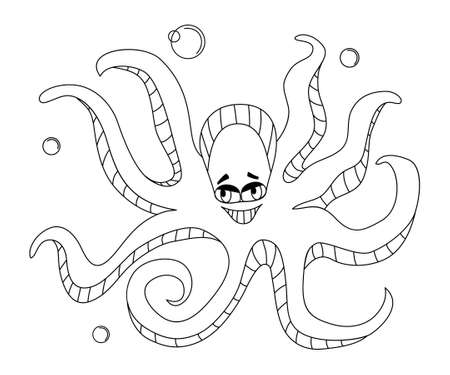Octopus. Cartoon funny sea character. Coloring book for children. An underwater monster with tentacles and cute smile. Contour drawing with black line on white background. Vector illustrationのイラスト素材