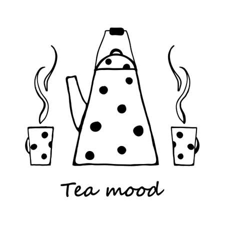 Teapot and cup. Doodle style drawing. Tall kettle and two cups. Smoke, steam above cups. Poster for cafe, teatime, menu. Text Tea mood. Vector illustration isolated on whiteのイラスト素材