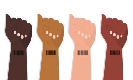 Barcode on wrist of human hands. Hands with different skin colors are raised up in protest. International struggle for human rights. Bar code on hand - symbol of control, restriction of freedomsのイラスト素材