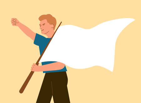 Man holds waving flag on his shoulder. Guy raised hand in protest. Revolution, strike, demonstration. Blank flag with place for text. Vector cartoon character. Human rights activist fighterのイラスト素材